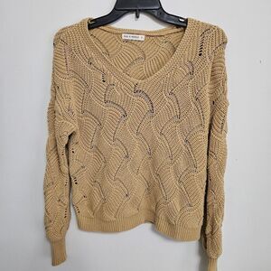 Moon Madison Sweater V-neck Gold Mustard Wavy Sculptured Knit Cropped Cotto Sz S
